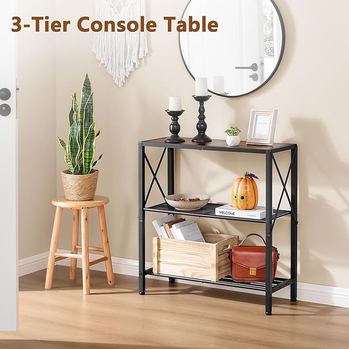 Hoctieon Industrial Console Table, 3-Tier Entryway Tables, Metal Frame, Sofa Table with Shelf, Hallway Tables, Entrance Desk for Entryway, Living Room, Foyer, Hallway, Rustic Brown&Black