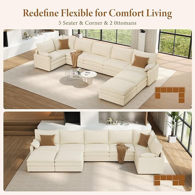 Vesgantti Large Modular Sectional Sofa, Big Comfy Cloud Couch with Ottoman Deep Seat Chenille Cloud Sofa, 8 Seater Large Sectional Couches for Living Room, Bedroom and Apartment, Beige
