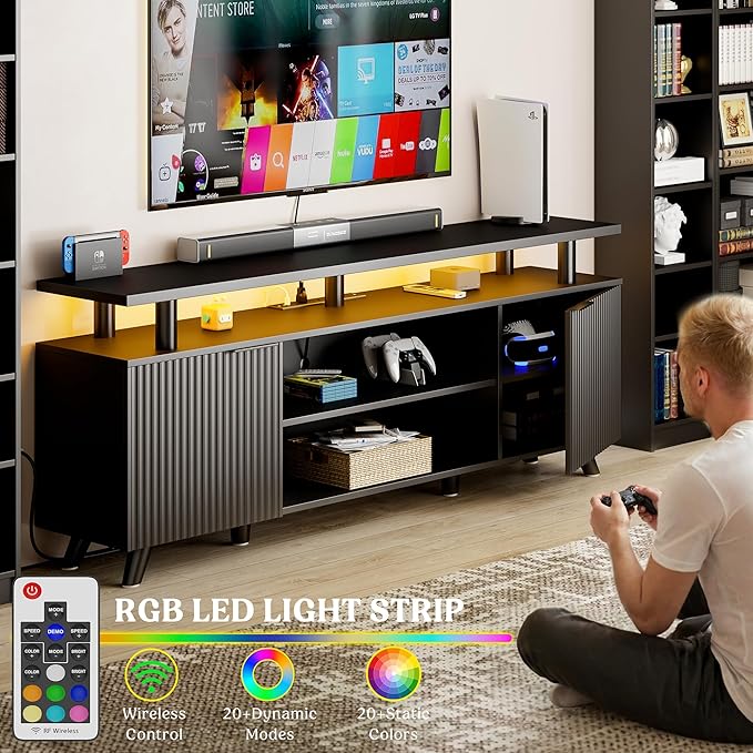 Lulive Modern TV Stand for 55/60/65/70 inch Television, Entertainment Center with Wooden Storage Cabinets and Power Outlet, Black Media Console for Living Room Bedroom (Black)