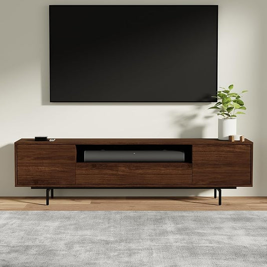 Norrhaus 75-Inch Modern TV Stand – Walnut Finish, 20-Inch Height, No Tools Assembly Technology, Storage Cabinets with Center Channel Speaker Shelf, Mid-Century Modern Design