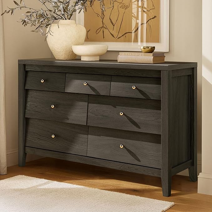 7 Drawers Dresser with Beveled Panel, Farmhouse Chest of Dressers for Bedroom, Wood Dresser TV Stand, Drawer Organizer for Bedroom, Living Room, Black
