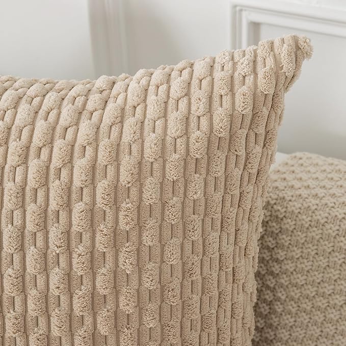 Kevin Textile Throw Pillow Covers Soft Corduroy Decorative Set of 2 Boho Striped Pillow Covers Pillowcases Farmhouse Home Decor for Couch Bed Sofa Living Room 20x20 Inch Beige