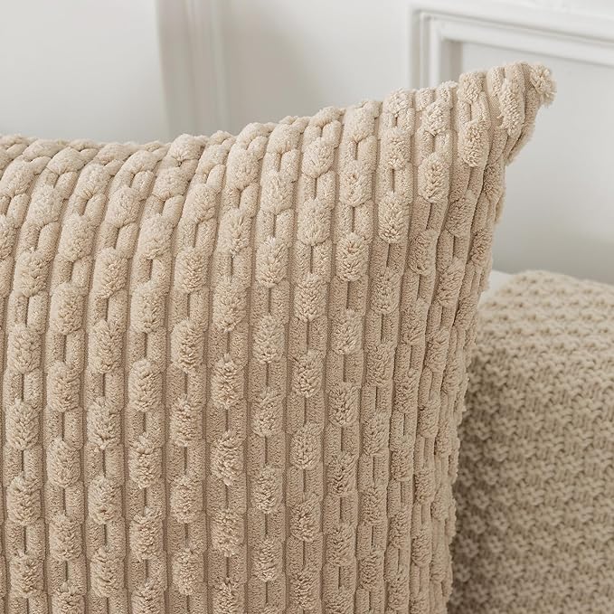 Kevin Textile Throw Pillow Covers Soft Corduroy Decorative Set of 2 Boho Striped Pillow Covers Pillowcases Farmhouse Home Decor for Couch Bed Sofa Living Room 26x26 Inch Beige