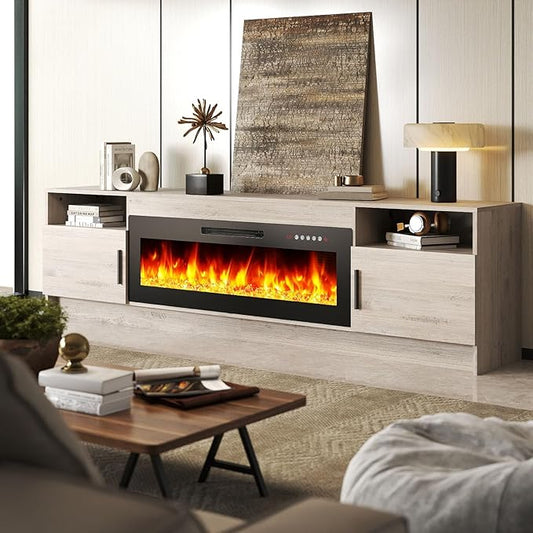 Ludatido 80 Inch TV Stand with 42 inch Electric Fireplace 27 LED Light Entertainment Center for TVs Up to 90" Black Modern Wood Media TV Console with Highlight Cabinet for Living Room Black