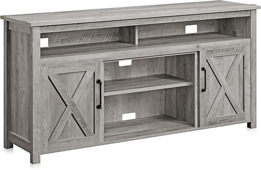 BELLEZE Modern 58 Inch Barn Door Wood TV Stand & Media Entertainment Center Console Table for TVs up to 65 Inches with Two Open Shelves and Cabinets - Corin (Gray Wash)