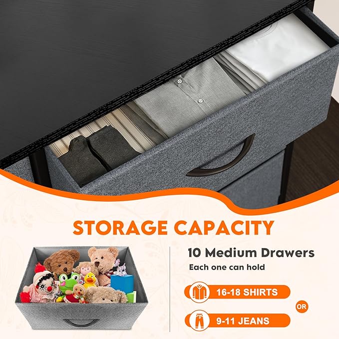 Dresser for Bedroom with 10 Drawers, Chest of Drawers, Storage Drawers Organizer Unit, Grey Wide Fabric Dresser with Fabric Bins for Closet, Living Room, Entryway (Grey and Charcoal Black)