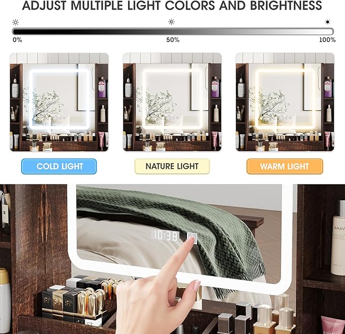 Vabches Makeup Vanity Desk, Vanity Mirror with Lights Desk and Chair,Makeup Table with 3 Large Drawers and 2 Cabinets, Time and Temperature Display, 3 LED Lighting Modes Adjustable, Brown