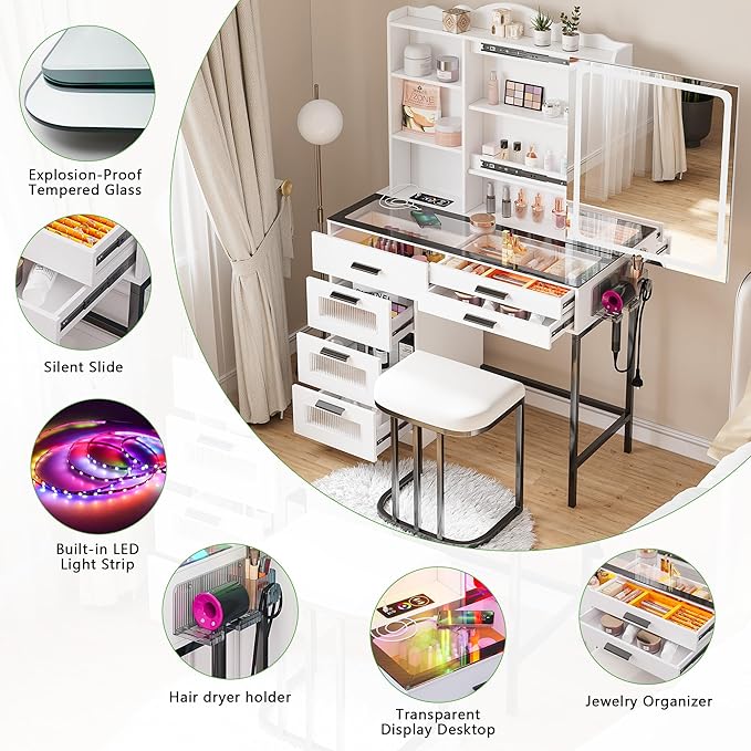 HENBC Vanity Desk with Sliding Mirror and Glass Desktop, LED Vanitys Mirror with RGB Lights Desk and Chair, Dressers Table Set with Charging Station/Makeup Organizer/6 Drawers for Bedroom(White)