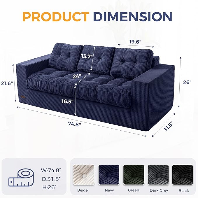 MAXYOYO 3 Seater Couch for Living Room, Boneless Couch with Tufted Cushion & Backrest, Upholstered Floor Sofa with Armrests, Sofa in A Box, No Assembly Required, Navy