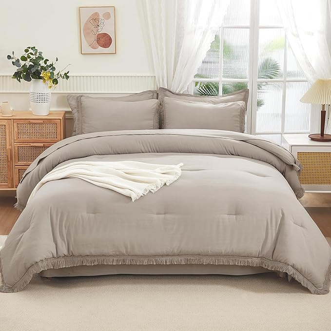 Andency Wheat King Size Comforter Set with Sheets - 7 Pieces Boho Tassel Bed in a Bag Soft Lightweight Bedding Sets, Wheat Fringe Bed Set with Comforter, Sheets, Pillowcases & Shams