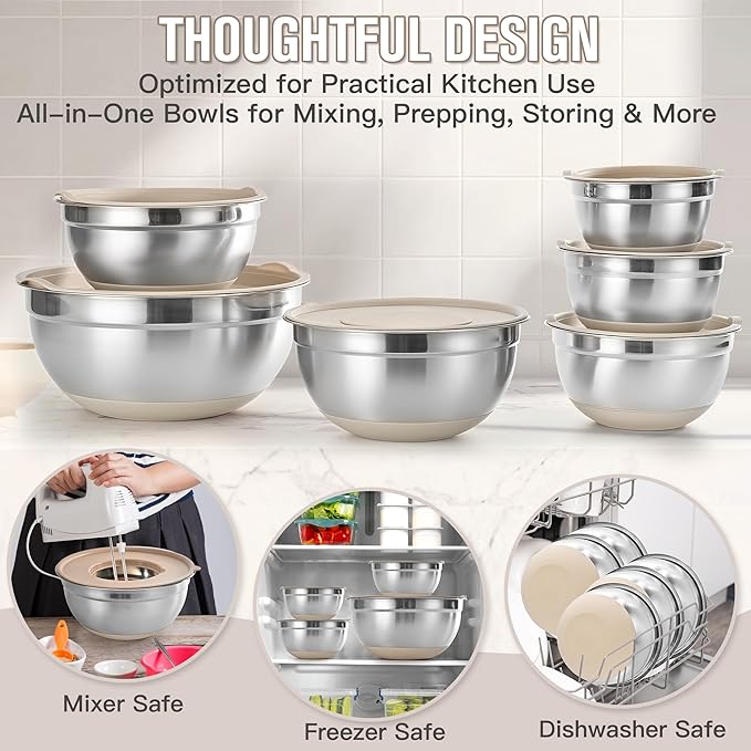 30PCS Mixing Bowls with Lids Set, Stainless Steel Nesting Bowls with Graters, Non-Slip Silicone Bottom, Large Khaki Bowls 7QT to 1QT & 21 Measuring Cups and Spoons Great for Mixing, Baking, Serving