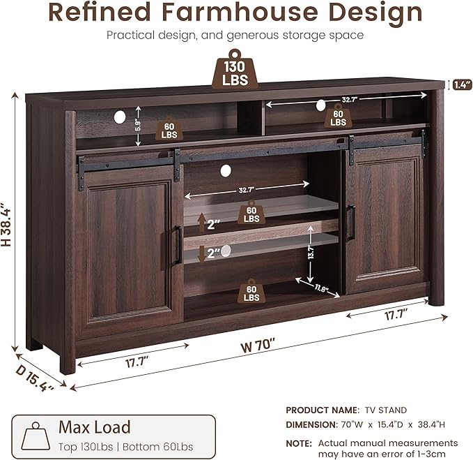 Farmhouse TV Stand for Living Room, Entertainment Center with Storage, Walnut TV Console for Bedroom, Media Storage Cabinet with Sliding Barn Doors & Adjustable Shelves, Fits 80 Inch TV, Rustic Wood