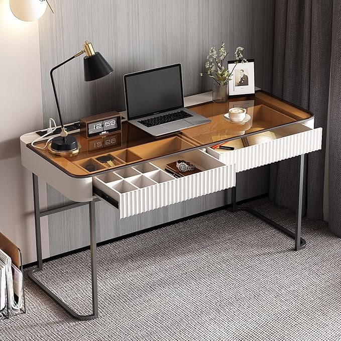 Lartis Office Desk with Drawer - Writing Desk with Intelligent Socket Computer Desk with USB Port Compartmentalized Storage for Home Office Working Gaming
