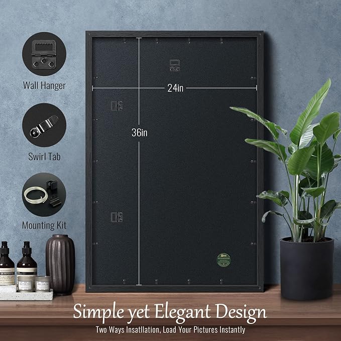 VCK 24x36 Poster Frames 2 Pack, Black Solid Wood Picture Frame, Textured Exclusive Wall Gallery Frame