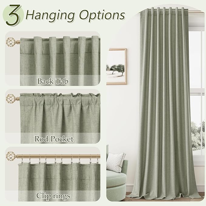 Sage Green Linen Blackout Curtains 78 Inch Length 2 Panels Set for Living Room Bedroom Back Tab Thermal Insulated 100% Black Out Linen Drapes Room Darkening Window Curtains 78 Inches Long