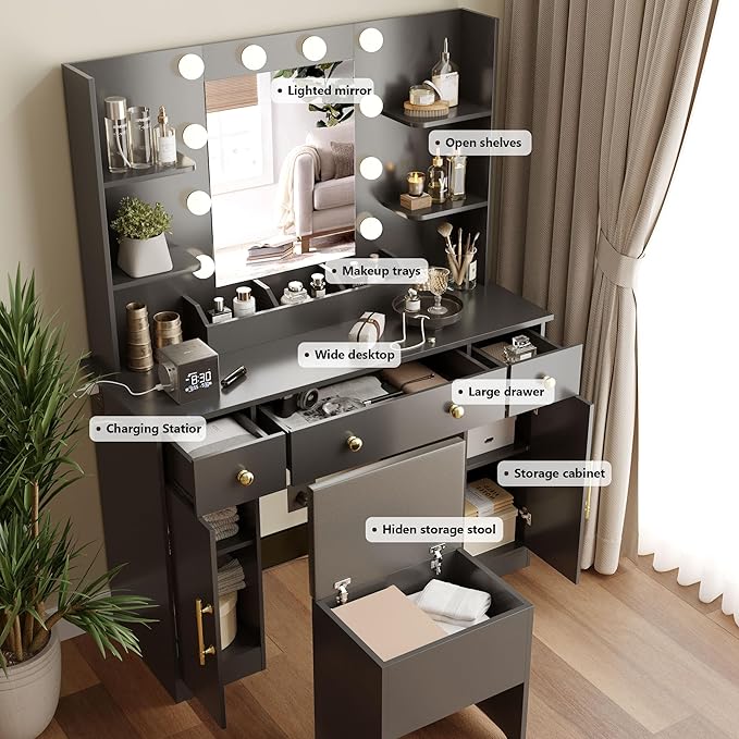 Makeup Vanity Desk with Mirror and Lights, 43" Black Vanity Set with Chair, 3 Drawers, Power Outlet & Adjustable RGB LED Lights, Dressing Table with Storage Shelf for Women & Girls Bedroom