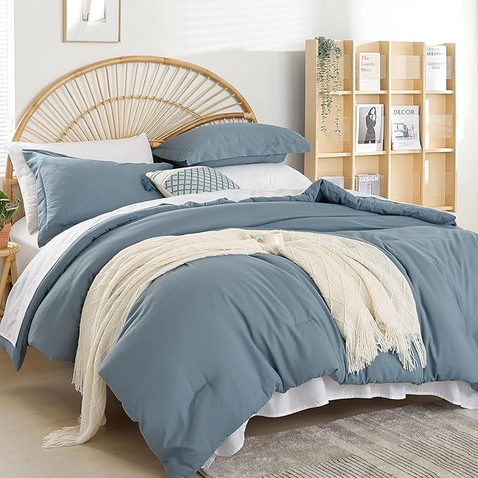weigelia 5PCS Twin Comforter Set Microfiber Comforter Dusty Blue Comforter Sets for Women and Men Reversible Bed Set Ultra Soft All Season（Comforters, Flat & Fitted Sheets, Pillowcases & Shams）