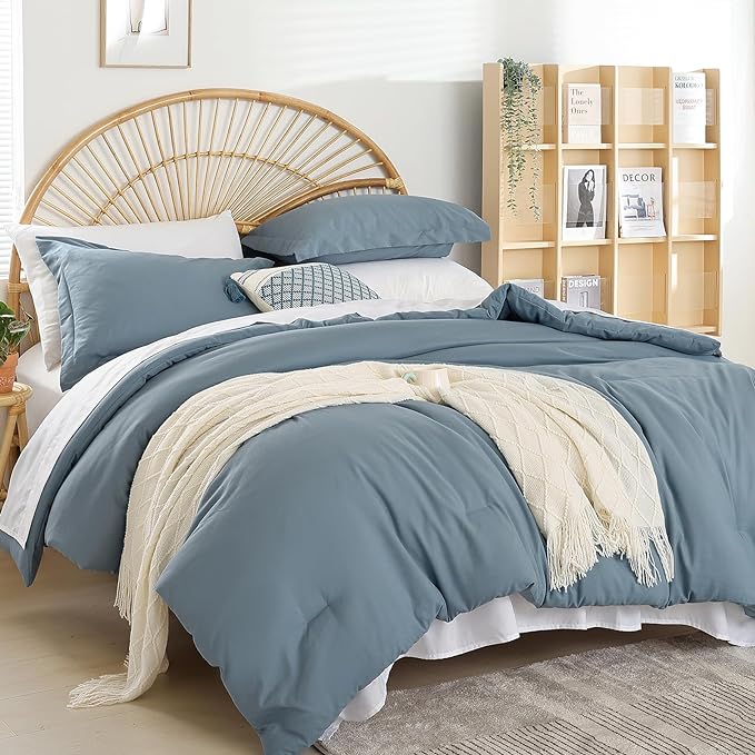 weigelia Dusty Blue Comforter Set 7 Pieces Queen Comforter Set Soft Lightweight Comforters Queen Size Bedding Set with Sheets for All Season