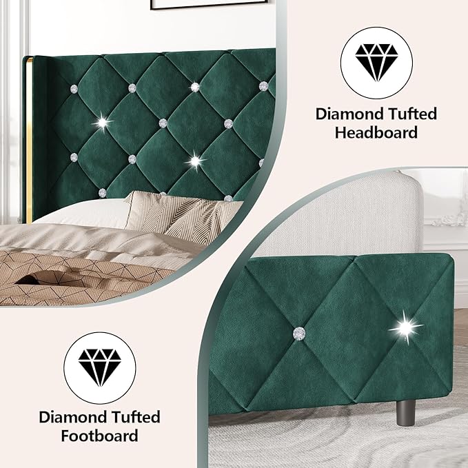 HOMBCK Twin Bed Frame with Headboard, Velvet Upholstered Bed with Diamond Tufted Design, Kids Bed Frame with Wooden Slats Support, No Box Spring Required, Easy Assembly, Green