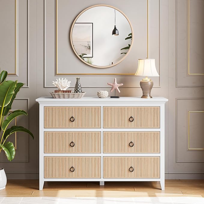 GarveeHome 6 Drawer Dresser for Bedroom，Waveform Fluted Chest with Large Drawer, Wooden Chest of Storage Cabinet, Fluted Dressers for Bedroom Living Room Hallway Closet, Anti-Tipping