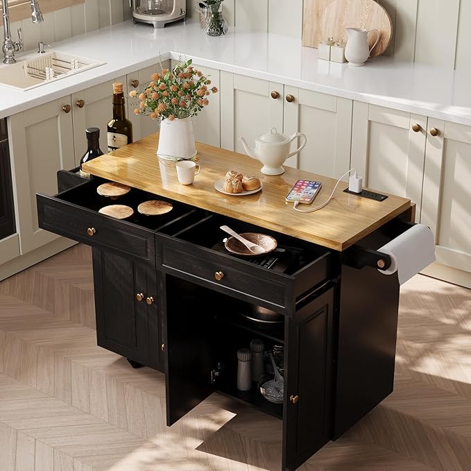 COCO DESIGN 60" Rolling Kitchen Cart with Power Strip & Drop Leaf, Thick Countertop, Large Storage Cabinet & Drawers, Mobile Island with Locking Wheels, Towel Rack and Spice Rack for Kitchen, Black