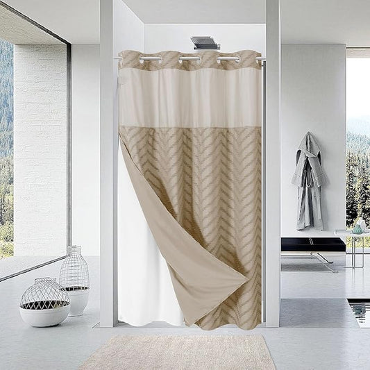No Hook Boho Farmhouse Shower Curtain with Snap-in Fabric Liner set-54Wx80H(78H),Beige Tufted Chevron Striped Hotel Grade Cloth Shower Curtains for Bathroom with Window,Water Repellent