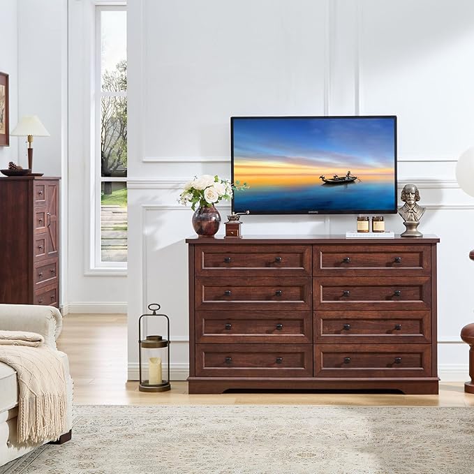 SOOWERY Dresser for Bedroom, Farmhouse Dresser with 8 Wooden Drawers and Storage Cabinet, 55 Inches Wide Chest of Drawers for Bedroom, Living Room, Hallway, Dark Cherry