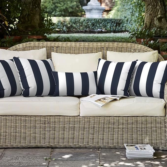 LVTXIII Set of 2 Patio Throw Pillows Waterproof 16"x16" Fade Resistant Outdoor Throw Pillows with Inserts, Fluffy Decorative Garden Toss Pillow Cushions for Home Patio Coach Sofa Use, Cabana Navy