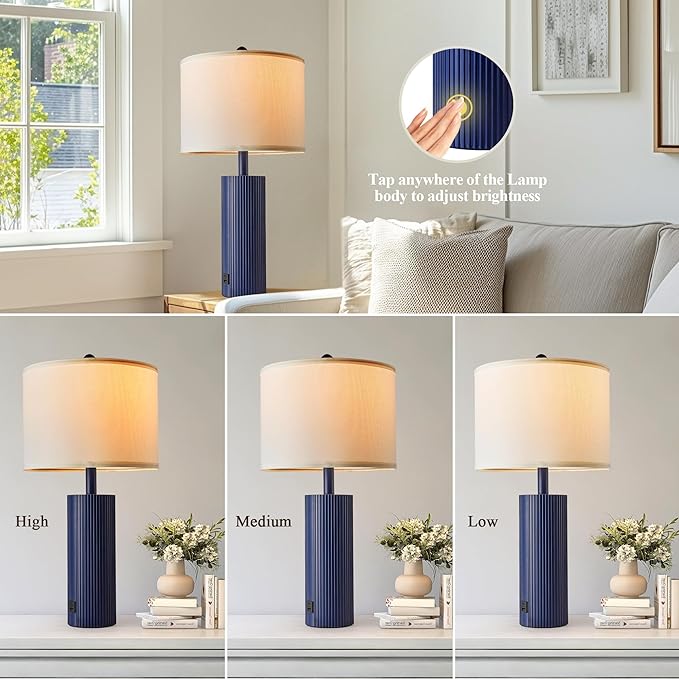 24.5" Blue Table Lamps Set of 2, Modern Living Room Touch Lamps with USB C+A Ports, 2 Bulbs Included, Table Light Fixture for Nightstand, Creative Stripe Bedside Lighting
