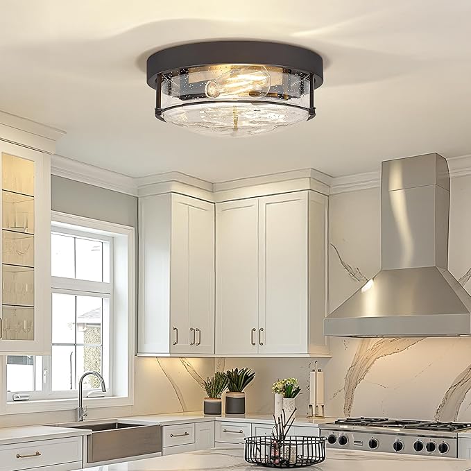 12-Inch Flush Mount Ceiling Light, Modern Farmhouse Style with Bubble Glass Shade, Oil Rubbed Bronze Finish, Ideal for Living Room, Bedroom, or Dining Room – Model CKCL4822-2W-SGORB