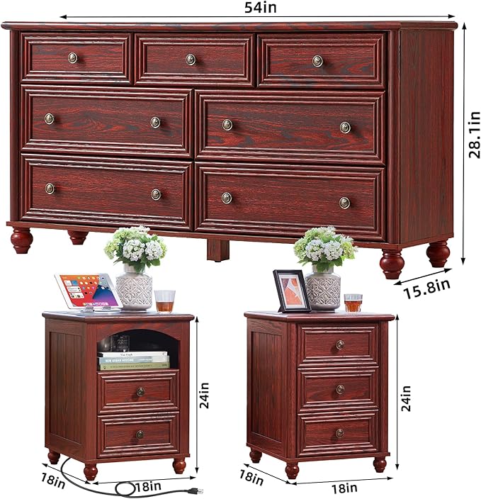 Dressers & Night Stand Set of 3, Wood 54'' Wide Dresser & 18'' Chest of Drawers, Roman Column 2 & 3 Drawer Nightstand Set of 2, Furniture 7 Drawer Dresser Suites for Bedroom Living Room, Hallway, Home