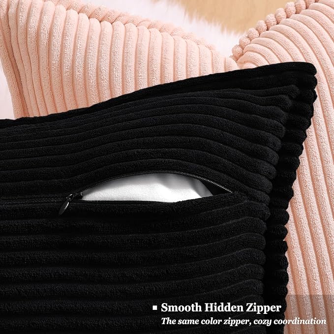 decorUhome Corduroy Black Throw Pillow Covers 24x24 Set of 2 Decorative Soft Boho Striped Neutral Euro Farmhouse Couch Pillow Covers with Broadside for Living Room Bed Sofa