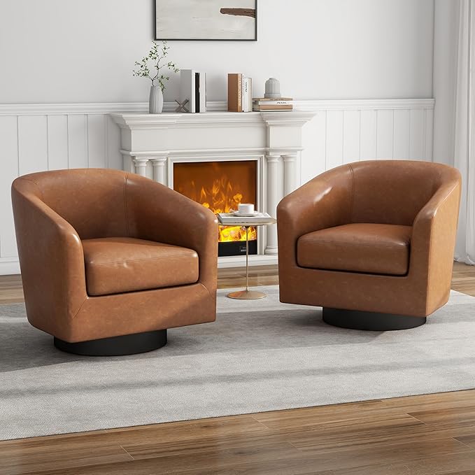 UIXE PU Leather Swivel Accent Chairs Set of 4, Barrel Club Chair Upholstered Armchair for Living Room - Brown