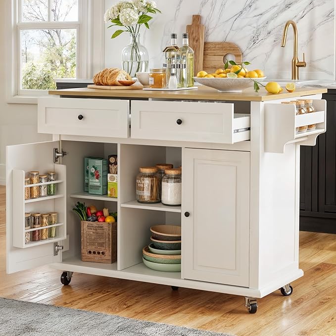 Rolling Kitchen Island Cart with Drop Leaf, Large Kitchen Island on Wheels with Storage and 2 Drawers, Mobile Island for Kitchen with Rubber Wood Countertop, Towel Rack (White, Large)
