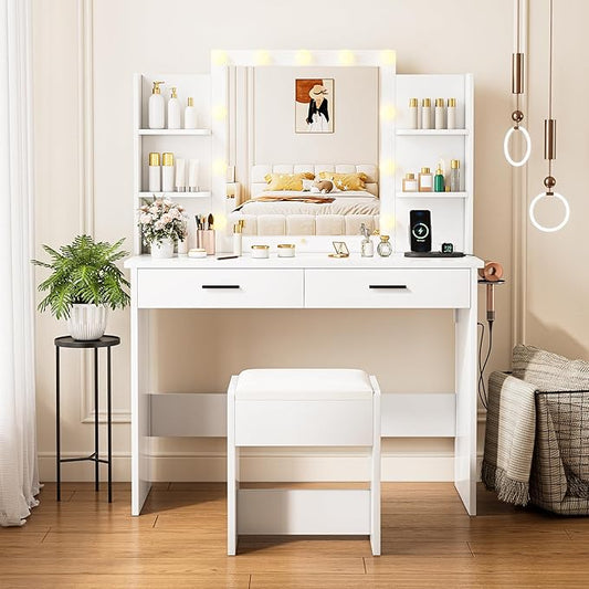 KAMABOKO Vanity Desk with Mirror & LED Lights & Power Outlet, Makeup Vanity Table with 2 Drawers and 6 Storage Shelves, Dressing Table for Bedroom Dressing Room (White)