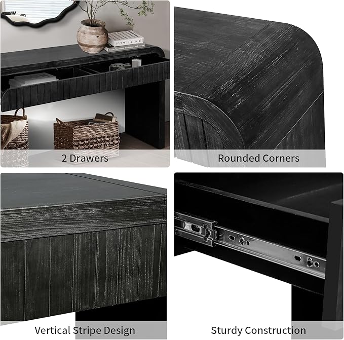 59" Wood Console Table for Entryway, Long Sofa Table Behind Couch Narrow Entryway Table with 2 Drawers Fluted Design for Living Room, Hallway, Foyer, Easy Assembly, Antique Black
