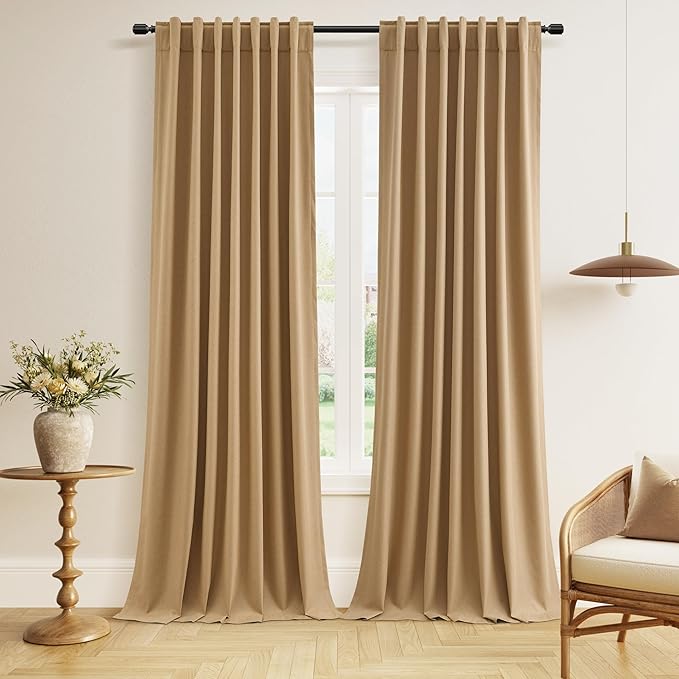 Guken 100% Blackout Linen Curtains 96 Inch Length 2 Panels Set for Living Room Bedroom Back Tab Thermal Insulated Black Out Linen Drapes Room Darkening Window Curtains,Camel Brown