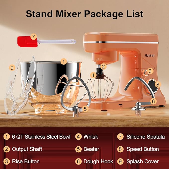 10-Speed Stand Mixer with 8-in-1 Splash Guard, Tilt-Head, 6QT Stainless Steel Bowl+Dishwasher-Safe Dough Hook/Whisk/Beater/Spatula for Baking Bread, Cakes, Cookies, Orange