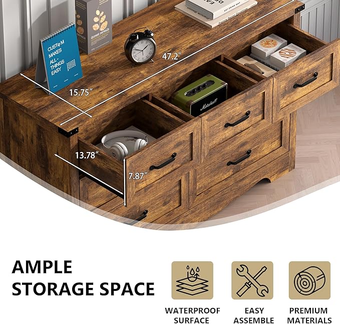 7-Drawer Dresser for Bedroom – 47" Wide Modern Wooden Chest with Natural Wood Texture, TV Stand & Storage, Metal Corner Brackets, Wood Drawer Organizer for Living Room, Hallway