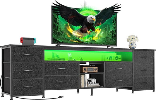 Huuger 70.9 Inch LED TV Stand Dresser with Power Outlets, USB-C Port and LED Lights, 10 Fabric Drawer Dresser for Bedroom, Long Entertainment Center for 75, 80 Inch TV, Open Shelves, PU Leather, Black