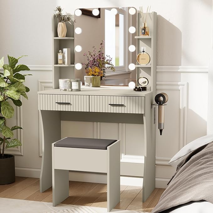 Small Vanity Desk with Mirror and Lights, Makeup Vanity Desk with 3 Color Modes Adjustable Bulb, 2 Large Drawers and 4 Open Storage Shelves, Gray Vanity with Charging Station for Bedroom