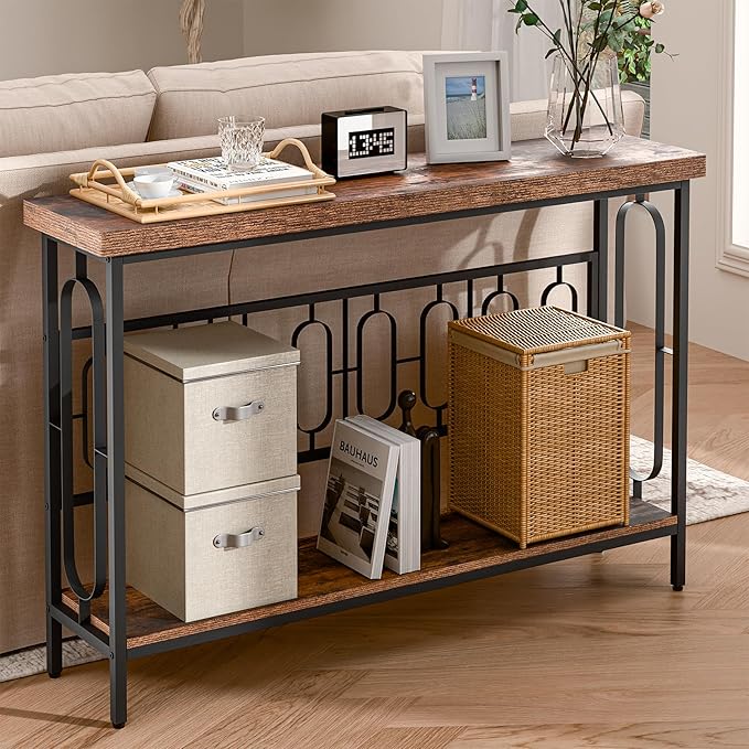 49 Inch Narrow Sofa Table, Industrial Long Sofa Table Behind Couch, Entry Console Table with Storage for Entryway, Living Room, Foyer (Casual)