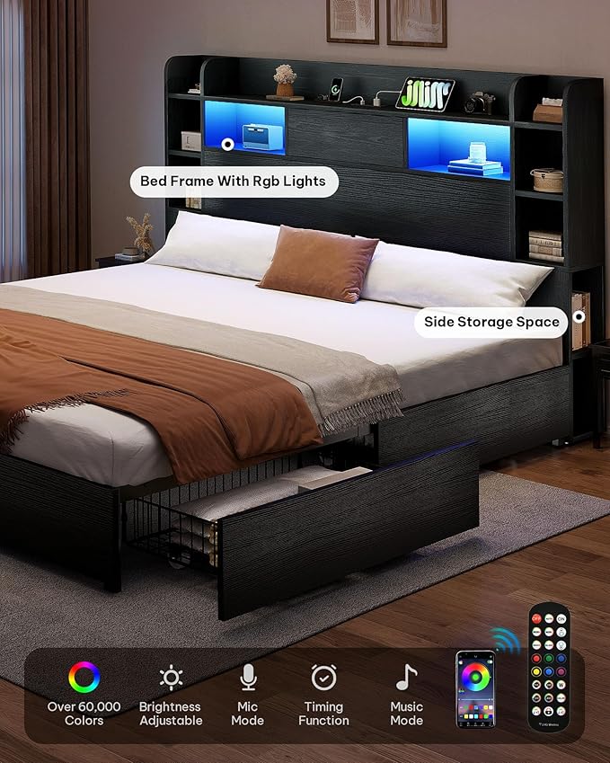 YITAHOME King Size Bed Frame with Bookcase Headboard and 4 Storage Drawers, RGB LED Bed Frame with Type-C & USB Charging Station Storage Headboard Beds, No Box Spring Needed, Noise Free, Black