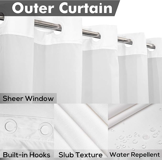 Extra Long No Hook Slub Textured Shower Curtain with Snap-in PEVA Liner Set - 71" x 86"(84"), Hotel Style with See Through Top Window, Fabric Curtain & Waterproof Liner, White, 71x86