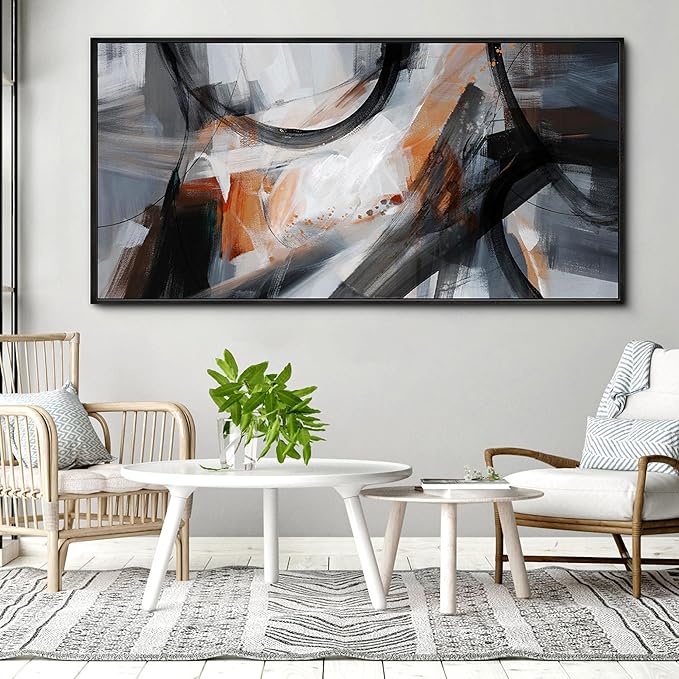 KLAKLA Wall Art for Living Room - Black and Orange Boho Abstract Canvas Framed Wall Decor Office Bedroom Art Modern Large Picture Artwork for Walls Prints Paintings Artwork 58x29 Inches