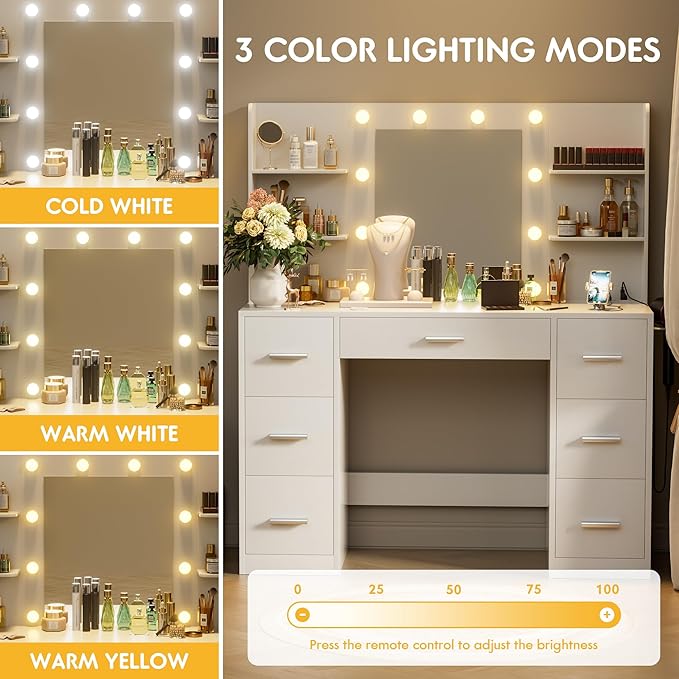 VICTONE Vanity Desk with LED Lighted Mirror&Power Outlet, 3 Model Lights Makeup Vanity Table with 7 Drawers and 6 Storage Shelves for Bedroom and Dressing Room (White)