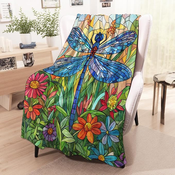 Colorful Dragonfly Blanket, Cozy Flannel Stained Glass Art Style Throw Blanket for Couch Outdoor, Plush Soft Lightweight Travel Blankets for Bed Decor and Gifts, for Women Adults Kids 50"x60"