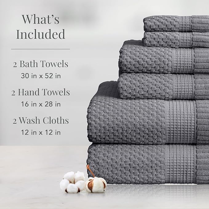 NY Loft 100% Cotton Towel Set 6 Piece | Super Soft & Absorbent Quick-Dry 2 Bath Towels 2 Hand Towels & 2 Washcloths |Textured and Durable Cotton | Trinity Collection (6 Piece Set, Charcoal Grey)