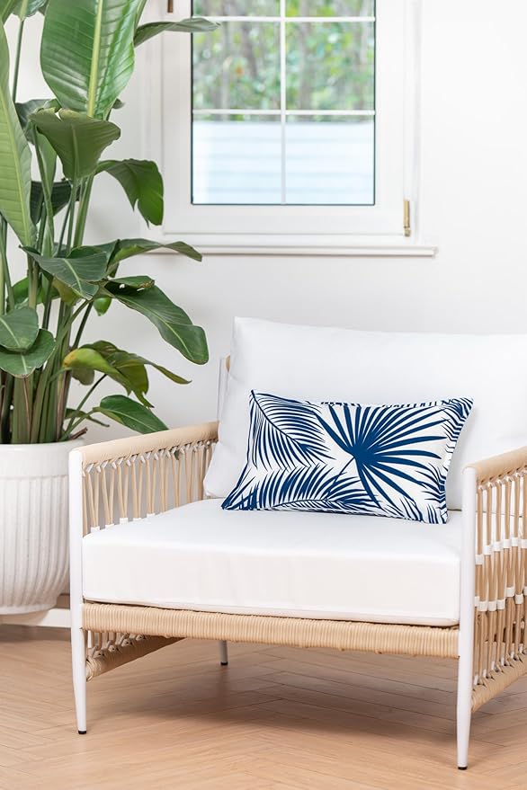 Hofdeco Premium Coastal Hampton Style Patio Indoor Outdoor Lumbar Pillow Cover Only, 12"x20" Water Resistant for Backyard, Couch, Navy Blue Palm Leaf