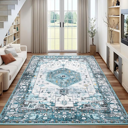 Washable Area Rugs for Living Room, Blue 4x6 Non Slip Vintage Floral Room Rug for Bedroom, Low Pile Indoor Carpet for Dining Room, Home Office, Kitchen, Dorm